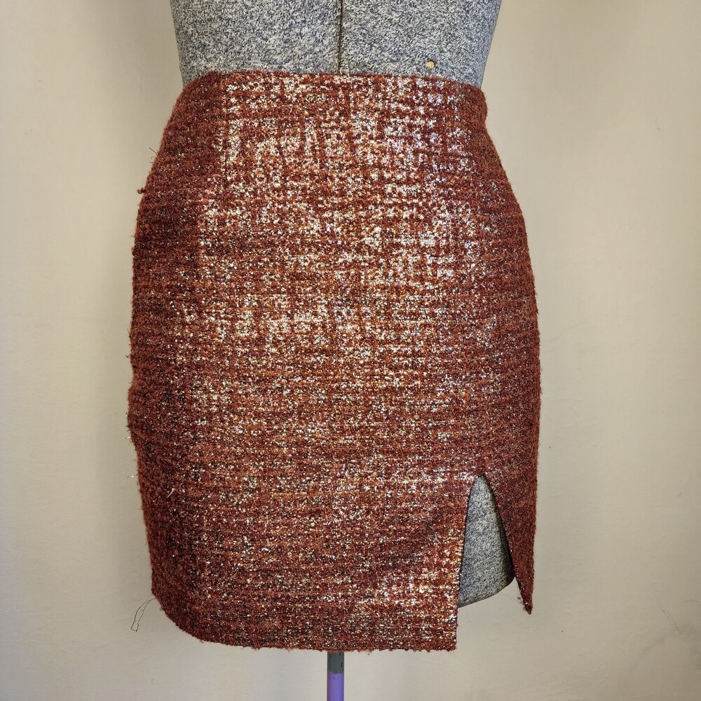 Opening Ceremony Tinsel Tweed Wool Mini Skirt Red Rust Brown Gold Size 0